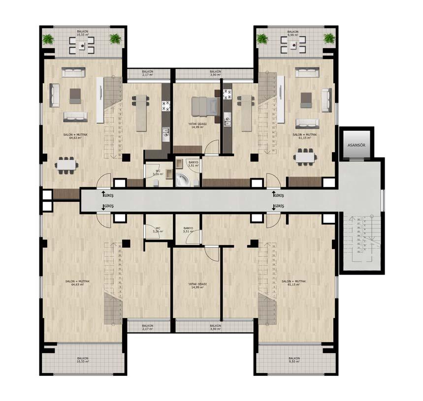 91 m² Brüt: 157.41 m² 4+1 Net: 172.06 m² Brüt: 185.