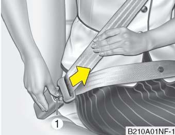 3 Arac n z n güvenlik özellikleri B210A01NF-1 Emniyet kemerinin ç kar lmas : Emniyet kemeri, kilit tokas üzerindeki ç - kartma tufluna (1) bas larak ç kar l r.