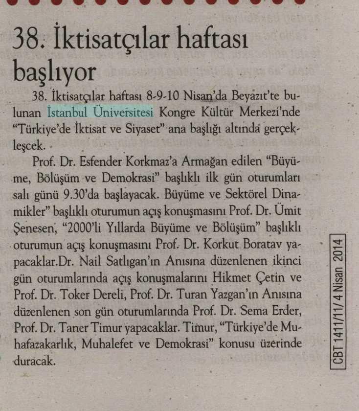 38. IKTISATÇILAR HAFTASI BASLIYOR Yayın Adı : Cumhuriyet Bilim Teknoloji