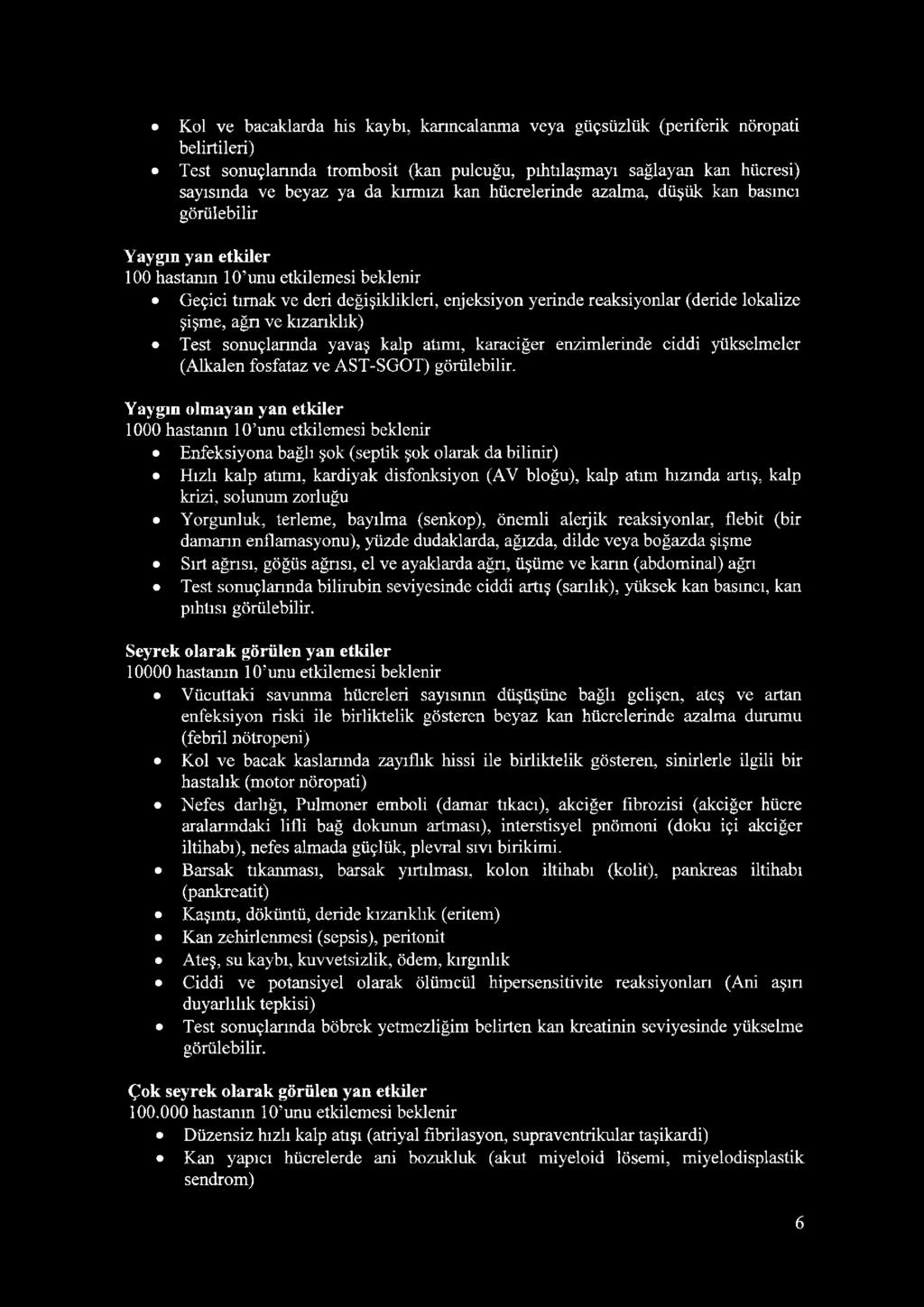 Kol ve bacaklarda his kaybı, karıncalanma veya güçsüzlük (periferik nöropati belirtileri) Test sonuçlarında trombosit (kan pulcuğu, pıhtılaşmayı sağlayan kan hücresi) sayısında ve beyaz ya da kırmızı