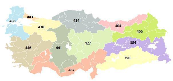 Batı Mar mara Ege İstan bul Batı Anad olu Akde niz Doğ uma rma ra OrtaA nadol u Batı Kara deni z Kuze ydoğ uana dolu DoğuK araden iz Güney doğua nadol u Orta doğ uan adol u 458 446 443 441 437 436