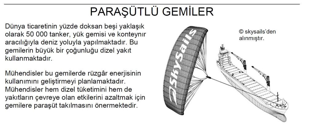 Soru 1: PARAŞÜTLÜ GEMİLER Paraşüt kullanılmasının avantajlarından biri paraşütlerin 150 m yükseklikte açılmasıdır.