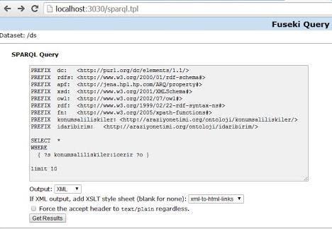 SPARQL Endpoint, arayüzlerin SPARQL ile sorgulanmasına olanak tanır. Şekil 4.8 de idari birim RDF dokümanları üzerinde yapılan bir SPARQL sorgusu görülmektedir.