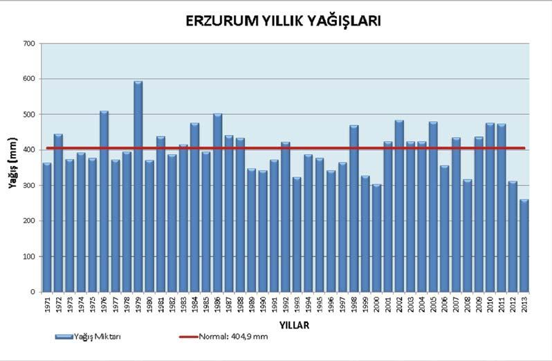 Raporlar, görüşler, değerlendirmeler - Elde edilen bilgilere göre 1971-2013 yıllarında Erzurum da yıllık ortalama
