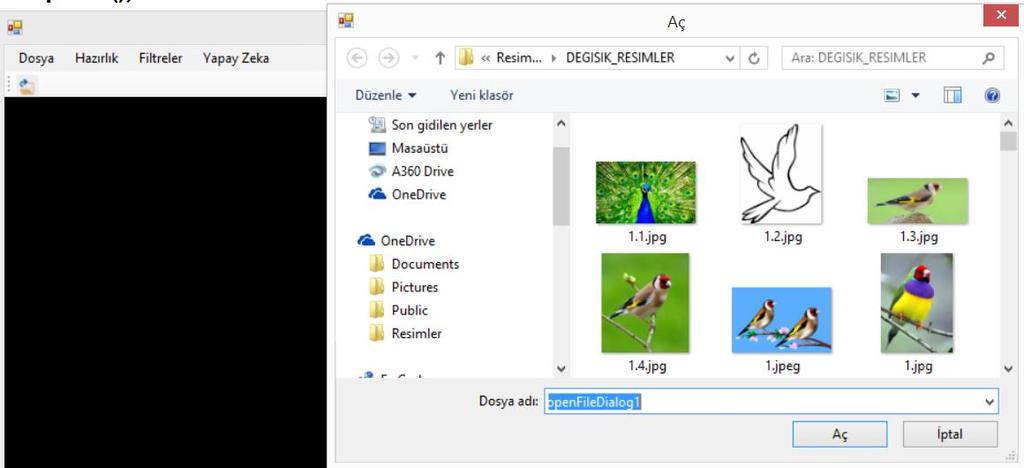 Dosya açarken uzantıların görüntülenmesi süzmek için uygun olacaktır. Bunun için aşağıdaki kodları kullanabiliriz. openfiledialog1.defaultext = ".jpg"; openfiledialog1.filter = "Image Files(*.BMP;*.