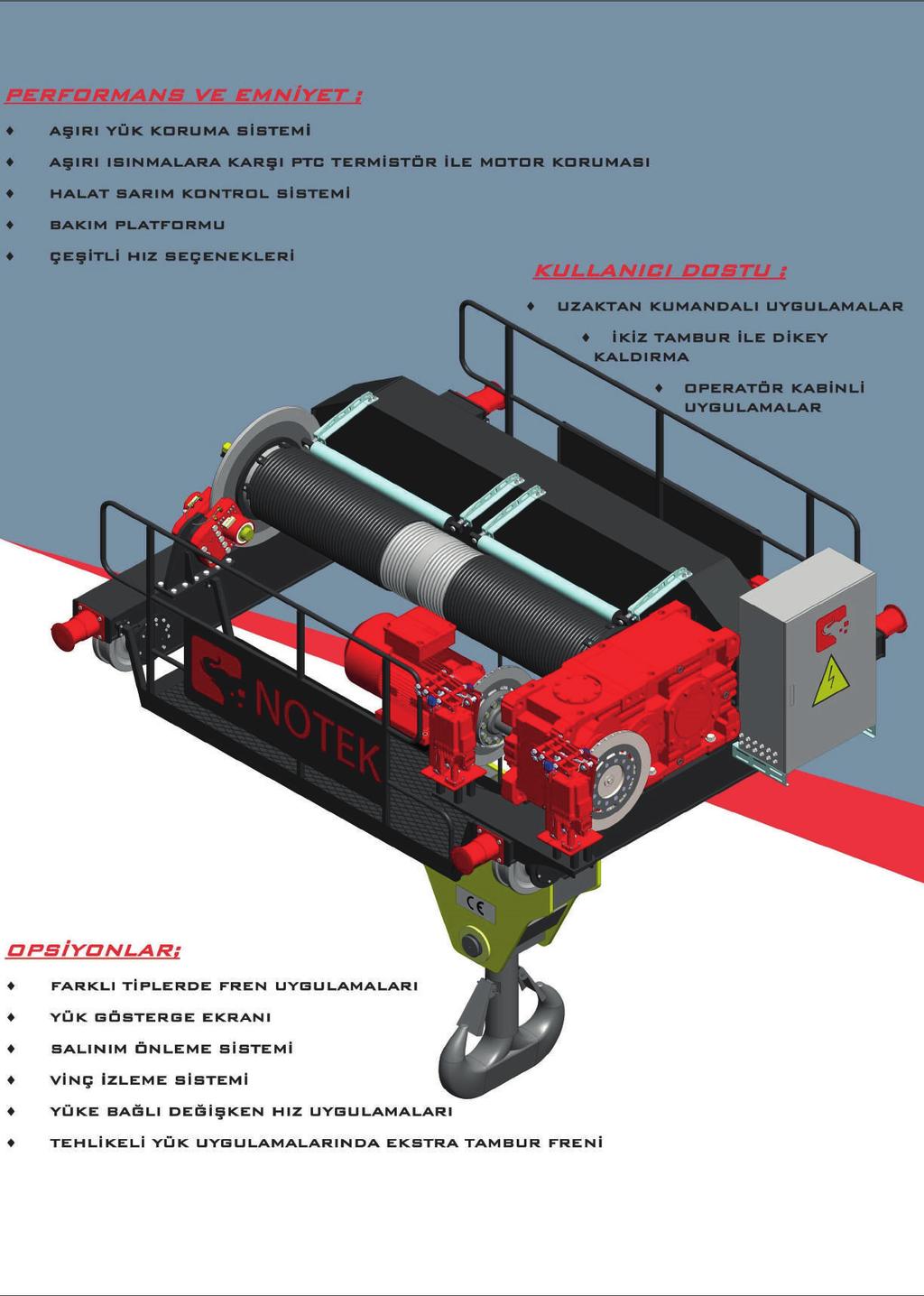 PERFORMANS VE EMNİYET; AŞIRI YÜK KORUMA SİSTEMİ AŞIRI ISINMALARA KARŞI PTC TERMİSTÖR İLE MOTOR KORUMASI KULLANICI DOSTU; UZAKTAN KUMANDALI UYGULAMALAR İKİZ TAMBUR İLE DİKEY KALDIRMA OPERATÖR KABİNLİ