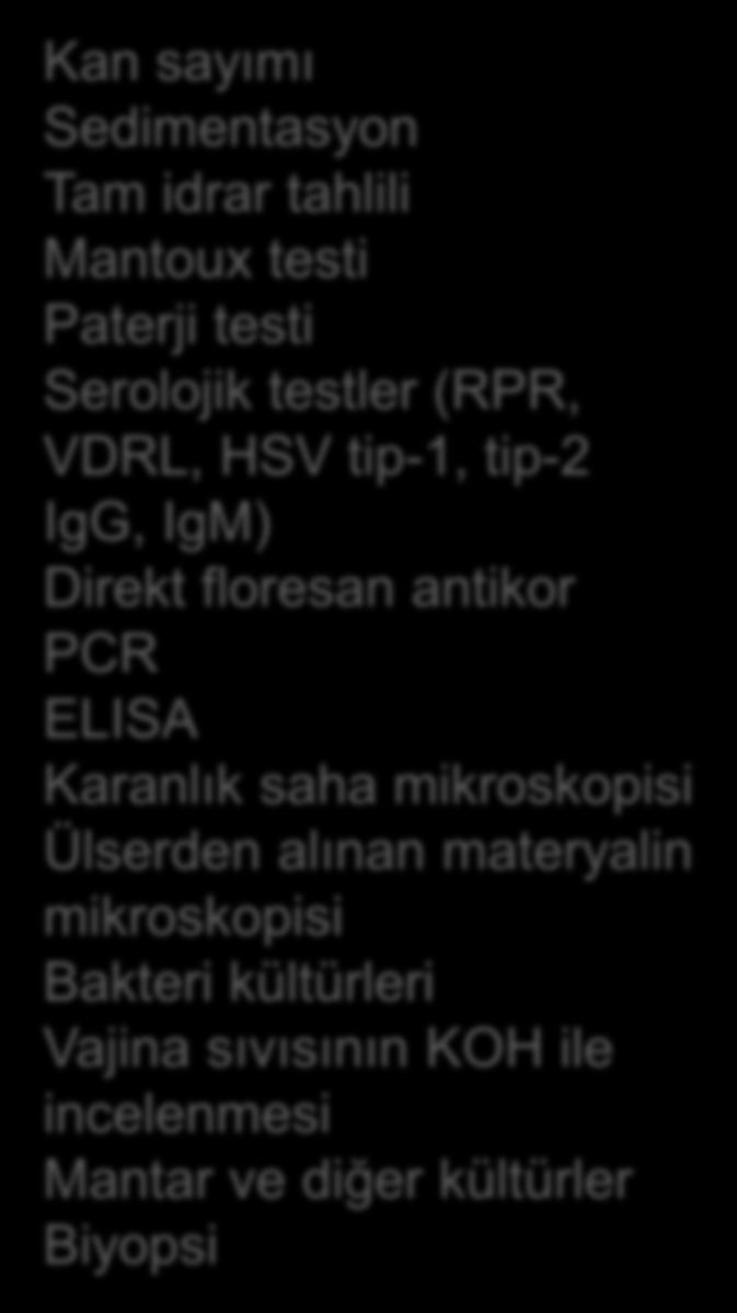 testler (RPR, VDRL, HSV tip-1, tip-2 IgG, IgM)
