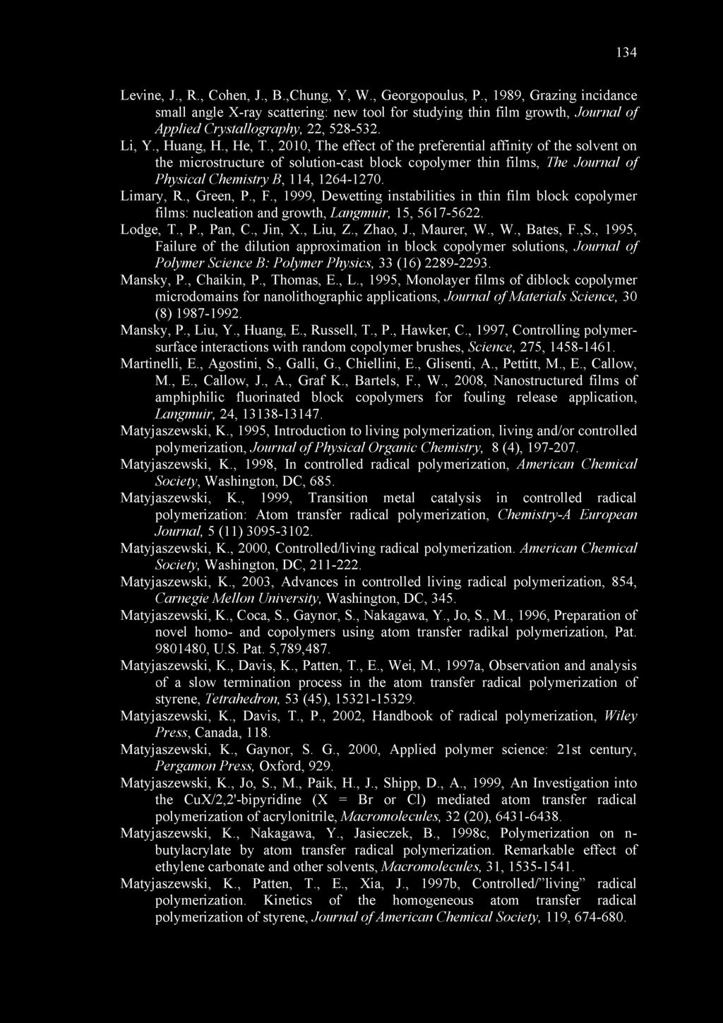 , 2010, The effect of the preferential affinity of the solvent on the microstructure of solution-cast block copolymer thin films, The Journal of Physical Chemistry B, 114, 1264-1270. Limary, R.