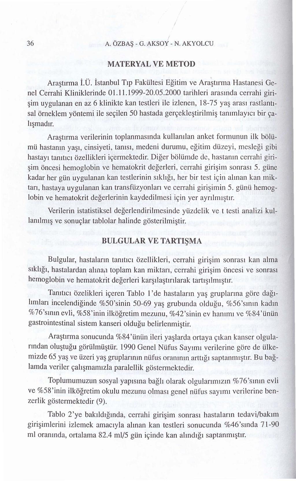 I 36 A. OZBA~ - G. AKSOY - N. AKYOLCU MATERYAL VE METOD Ara tirma to. istanbul Tip Faki.iltesi Egitim ve Ara tmna Hastanesi Genel Cefrahi Kliniklerinde 01.11.1999-20.05.