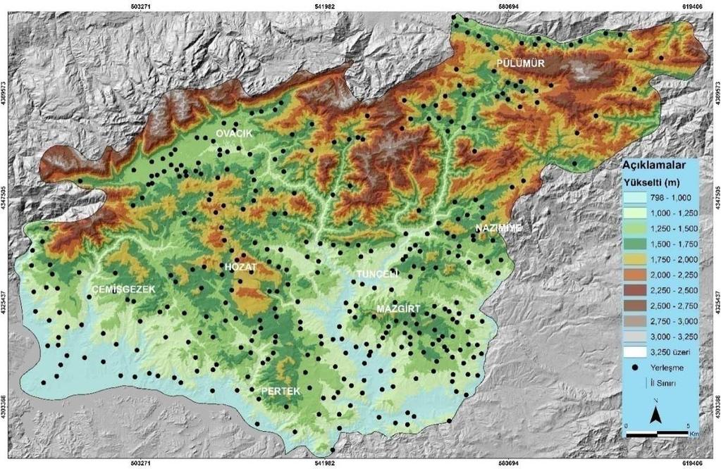 Şekil 2. Tunceli İli'nde yerleşmelerin yükselti basamaklarına göre dağılış haritası (2016).