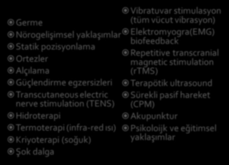 Kriyoterapi (soğuk) Şok dalga Vibratuvar stimulasyon (tüm vücut vibrasyon) Elektromyogra(EMG) biofeedback Repetitive