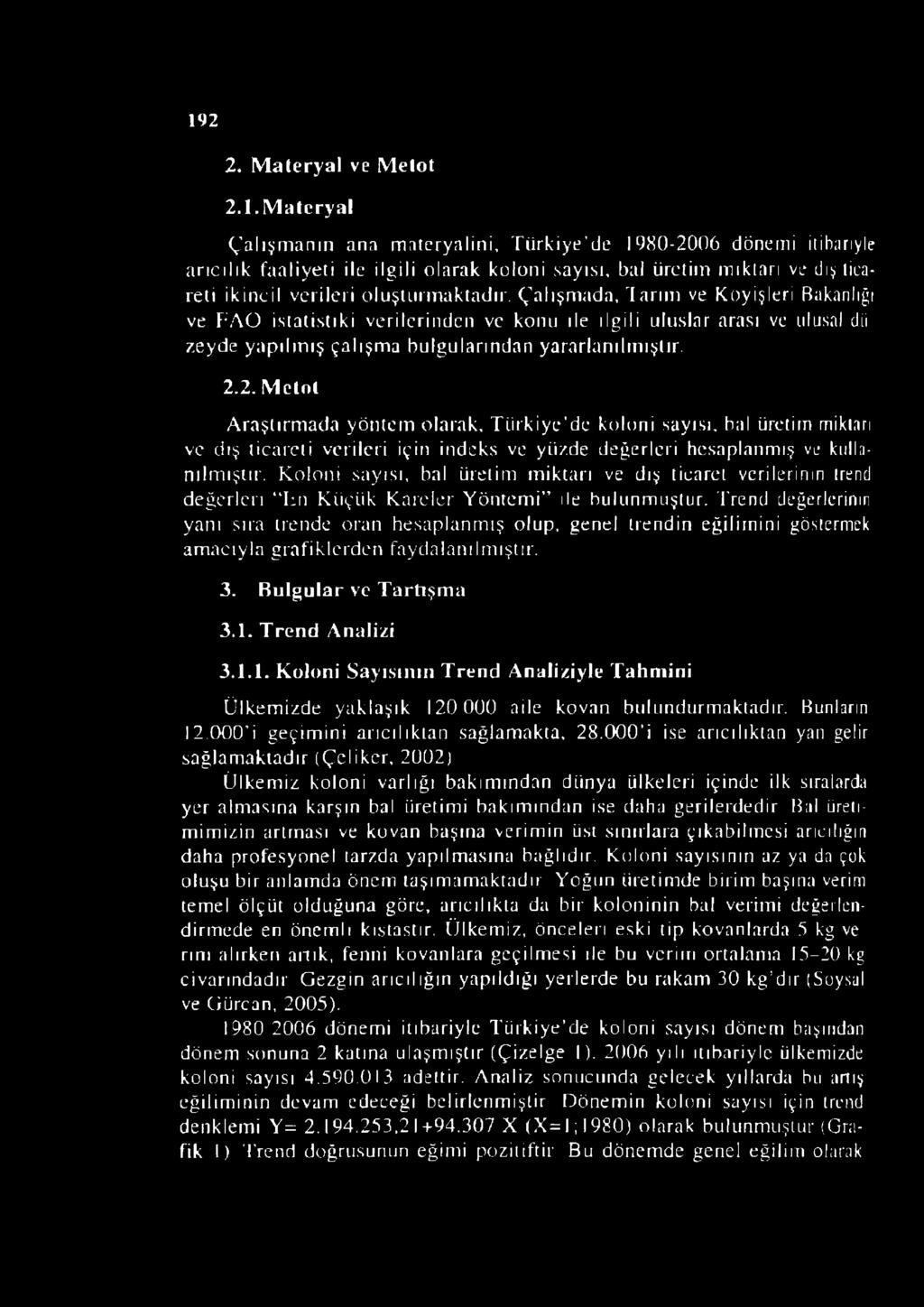 2. Metot Araştırmada yöntem olarak, Türkiye de koloni sayısı, bal üretim miktarı ve dış ticareti verileri için indeks ve yüzde değerleri hesaplanmış ve kullanılmıştır.