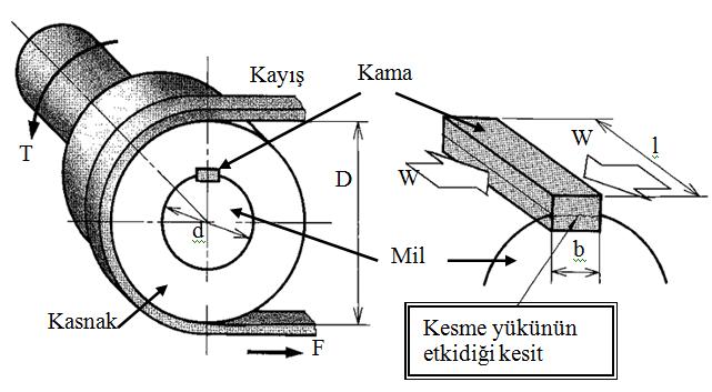 Şekil 2.13: Kesme kuvvetine maruz kama Kamanın genişliği b[mm], uzunluğu l[mm] olduğuna göre kesme kuvvetinin (τ) etkilediği alan b l olacaktır. Kesme yapacak yük (W[N]) bu alana tesir eder.