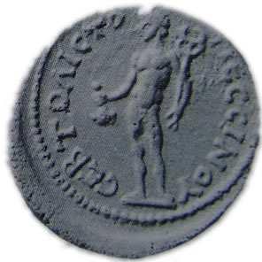 Aurelius un defne taçlı başı, sağa : CEB TOΛIC TOΠECCINOY Hermes ayakta, cepheden baş sola; sağ elinde para kesesi, sol elinde