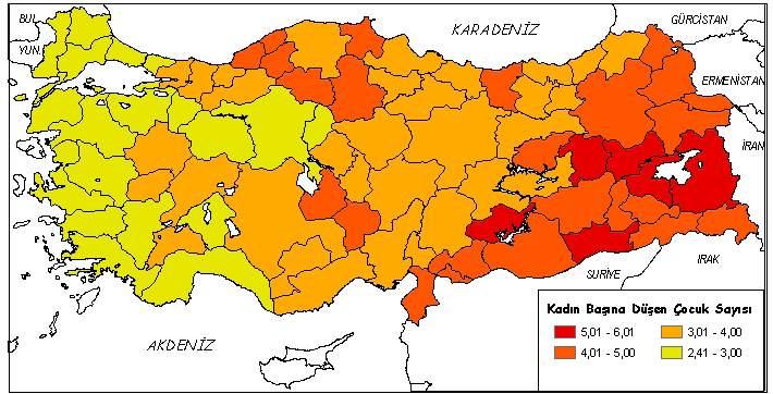 Şekil 6: Türkiye de Toplam Doğurganlık Hızının Dağılımı (1980) Kaynak: Özgür E.