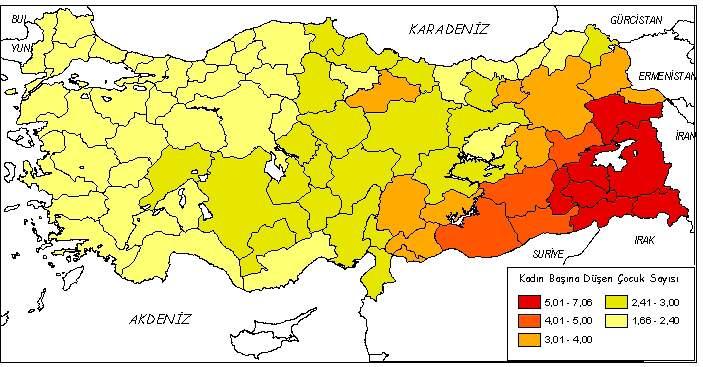 Murat (2004) Türkiye de Toplam Doğurganlık Hızının Mekânsal Dağılışı, Ankara Ülke genelinde doğurganlık hızı incelendiğinde, toplam doğurganlık hızının ülke genelinde düşme eğiliminde