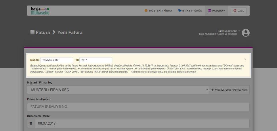 Yeni Fatura Fatura kesiminde ilk önce dikkat edilmesi gereken Bulunduğunuz tarihten ileri bir tarihe fatura kesmek istiyorsanız bu bölümü de güncelleyiniz. Örnek: 31.05.