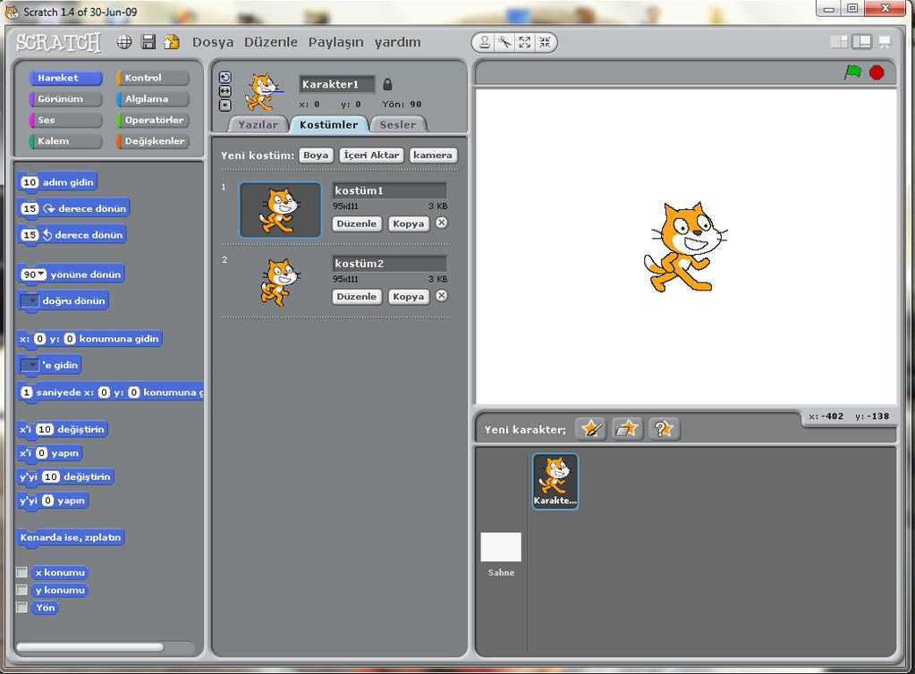 2.SCRATCH ARAYÜZÜ EKRAN Ekran,hikayelerinizin,oyunlarınızın ve animasyonlarınızın canlandığı yerdir.karakterler birbirleriyle burada etkileşime girerler.