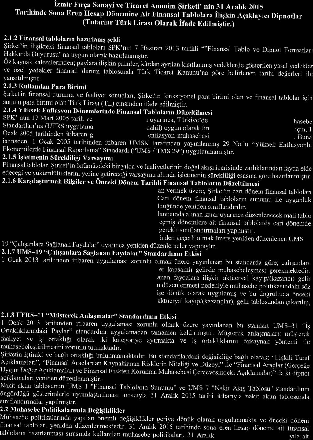 Izmir Frrga Sanayi ve Ticaret Anonim $irketi' nin 31 Arahk 2015 Tarihinde Sona Eren Hesap Diinemine Ait Finansal Tablolara iligkin Agrklayrcr Dipnotlar (Tutarlar Tiirk Lirasr Olarak ifade Edilmistir.