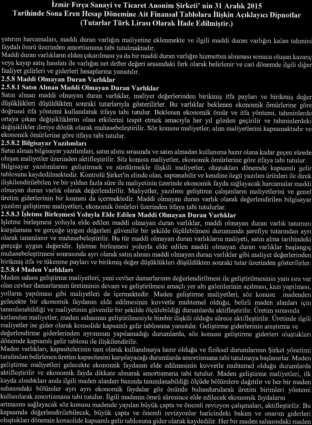 izmir Frrga Sanayi ve Ticaret Anonim $irketi' nin 31 Arahk 2015 Tarihinde Sona Eren Hesap Diinemine Ait Finansal Tablolara iliqkin Agrklayrcr Dipnotlar (Tutarlar Tiirk Lirasr Olarak ifade Edilmiqtir.