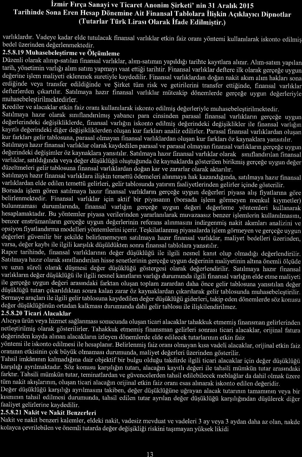 lzmir Frrga Sanayi ve Ticaret Anonim $irketi' nin 31 Arahk 2015 Tarihinde Sona Eren Hesap Diinemine Ait Finansal Tablolara iligkin Agrklayrcr Dipnotlar (Tutarlar Ttirk Lirasr Olarak ifade Edilmigtir.