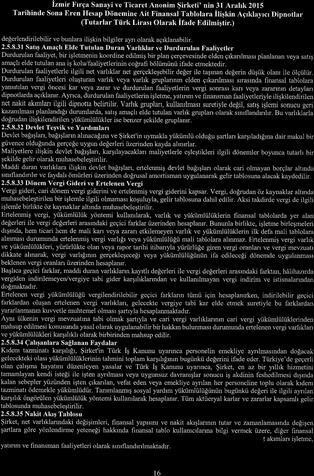 Izmir Frrga Sanayi ve Ticaret Anonim $irketi' nin 31 Arahk 2015 Tarihinde Sona Eren Hesap Diinemine Ait Finansal Tablolara iliqkin Agrklayrcr Dipnotlar (Tutarlar Tiirk Lirasr Olarak ifade Edilmiqtir.