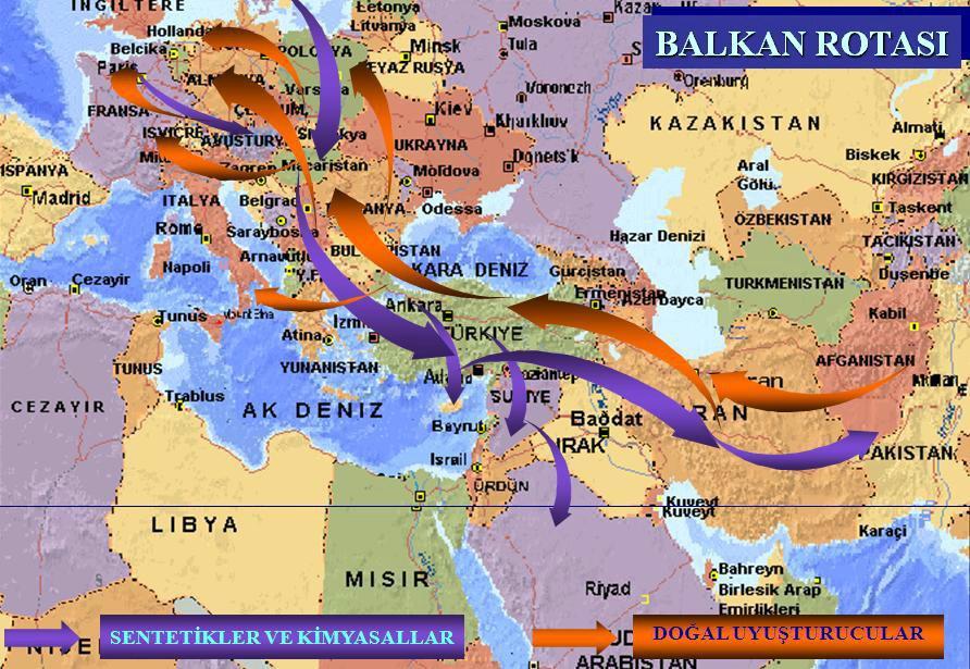 Şekil 10-3 : Balkan Rotası Üzerindeki Uyuşturucu Madde Akımı Kuzey Karadeniz Rotası nın iki ayrı kolu bulunmaktadır: Birinci kolu (Kuzey Yolu), Afganistan dan başlayıp Orta Asya Cumhuriyetlerini