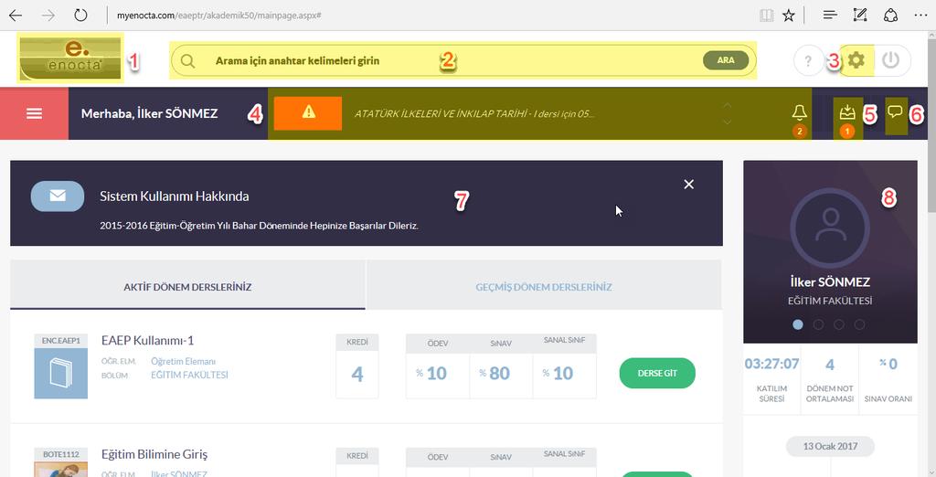 Öğrenci Ana Sayfası (1) Kurum Logosu (2) Arama Alanı (3) Ayarlar (4) Hatırlatmalar