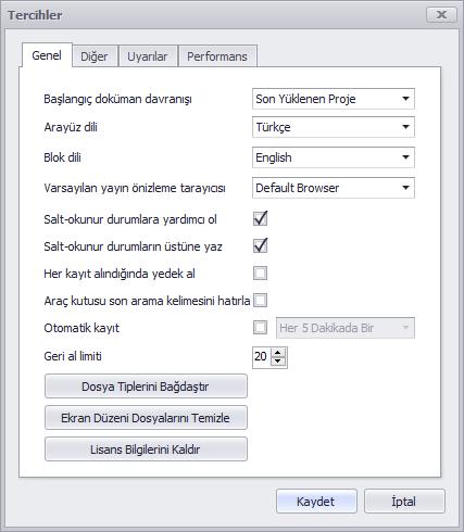 3.2. Seçenekler S a y f a 11 VFabrika nın genel uygulama ayarlarını bu diyalogdan gerçekleştirebilirsiniz.