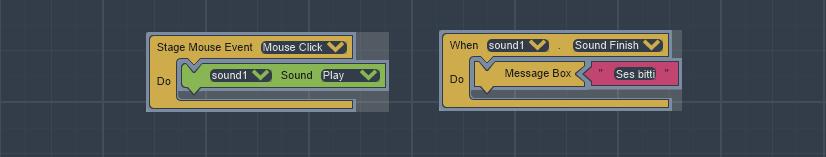 Şekil 55: Sound (Ses) nesnesine ait bloklar Şekil 56: Sound (Ses) nesnesine ait bloklar ile yapılmış bir örnek Not: Şekil 56 daki örnekte, Sound (Ses) nesnesi içindeki sesi, sahnenin herhangi bir