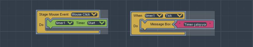 S a y f a 32 Şekil 68: Timer (Sayaç) nesnesine ait bloklarla yapılmış bir örnek Not: Şekil 68 deki örnekte, sahnenin herhangi bir yerine basıldığında Timer (Sayaç) nesnemiz çalışmaya başlamıştır.