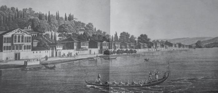 the years 1827-1828 isimli eserinde yer alan gravürde bugün Hisarüstü olarak bilinen, Rumeli Hisarı'nın arka tarafından Boğaz'ın görünümü konu edilmiştir.