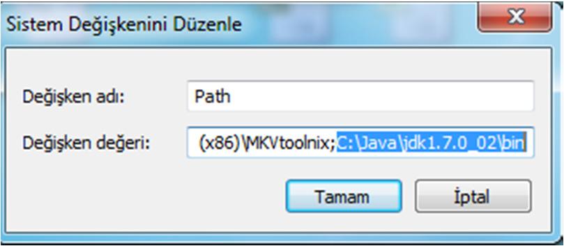 PATH ayarı için; JRE, JDK KURULUMU VE BAŞLANGIÇ AYARLARI Şekil -4 Ortam Değişkenleri penceresinde altta bulunan Sistem Değişkenleri kısmından PATH değişkeni bulunur ve çift tıklanır (Şekil-4).