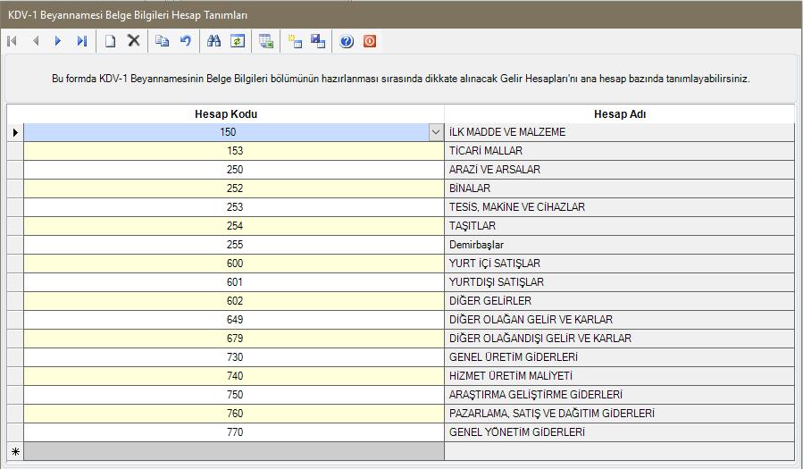 Bu formda tanımlamalar sadece ana hesap bazında yapılabilir. Genel olarak kullanılan Gelir Hesapları forma otomatik olarak getirilmektedir.