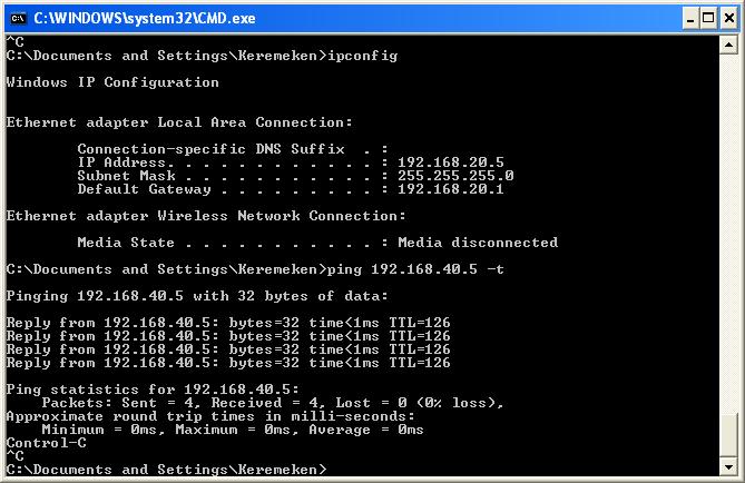 117 Resim 5.5 - A Lokasyonundan B Lokasyonuna atılan ping sonuçları Resim 5.