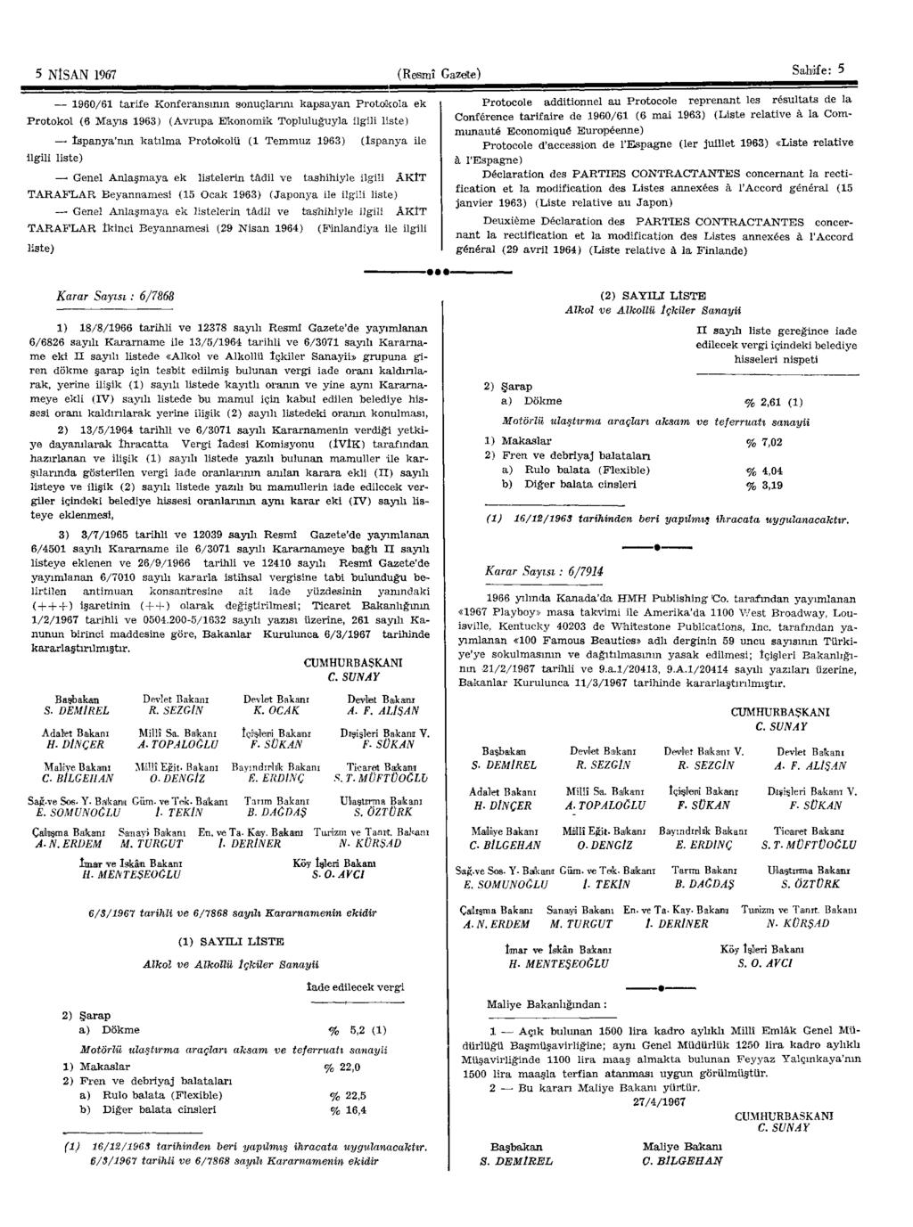 5 NİSAN 1967 (Resmi Gazete) Sahife: 5 1960/61 tarife Konferansının sonuçlarını kapsayan Protokola ek Protokol (6 Mayıs 1963) (Avrupa Ekonomik Topluluğuyla ilgili liste) İspanya'nın katılma Protokolü
