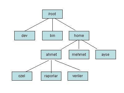 Dosya Sistemi Dizin(Klasör) Hiyerarşisi ve Kök Dizini / Kök dizininden aşağıya doğru bir hiyerarşi vardır Bir dizine o dizinin yolu ile ulaşılır Her kullanıcıya home dizini altında bir dizin açılır ~