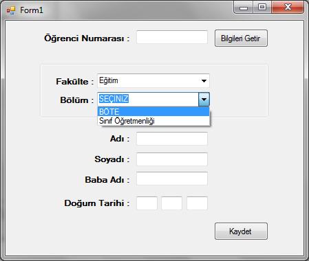 Uygulama No : 25 Uygulama Adı : Veritabanı Uygulaması 07 Açıklama : Veritabanı bağlantılı Dinamik ComboBox kullanımı Ekran Görüntüsü Açıklamalı Kodlar Public Class Form1 Dim baglanti As New Data.