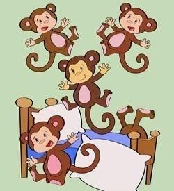 " Three little monkeys jumping on the bed One fell off and bumped her head Momma called the doctor and the doctor said: One Potato Rhyme One potato Two potatoes Three potatoes Four!