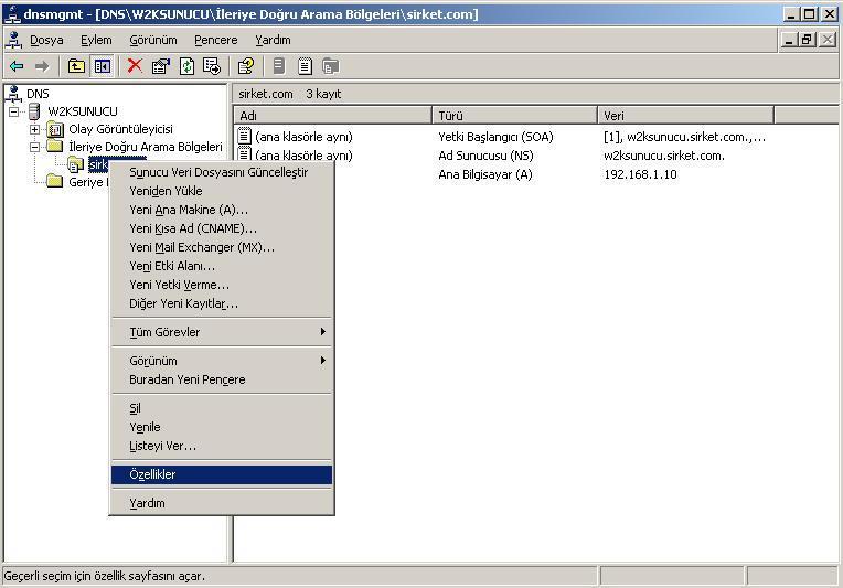 Bu ekranı incelersek; sirket.com Bölgesi oluşmuş durumda. Sağ kısımda w2ksunucu Host 192.168.1.10 şeklinde DNS sunucuyu üzerine kurduğumuz bilgisayarın önce kendini DNS sunucuya kaydettiğini görüyoruz.