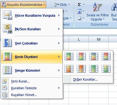 Giriş segmesinden stiller grubundan Koşullu biçimlendirme seçilir, koşullu biçimlendirme içerisinden de Renk Ölçekleri seçilir. 3.