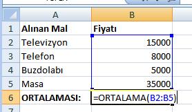 ORTALAMA İŞLEMİ Seçilen hücrelerdeki sayıların ortalamalarını almaktadır.