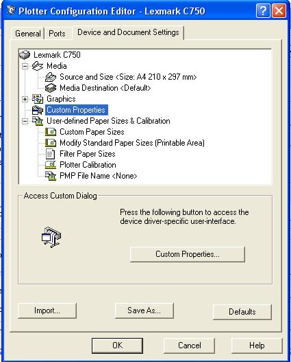 Açılan listenin sağındaki Properties düğmesi sayesinde, seçili çıktı aygıtının çeşitli özelliklerini eğiştirmemizi sağlayacak olan Plotter Configuration Editor ekrana gelir.