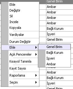 Organizasyonel Birimler Kuruma ait birim, alt birim, işyeri tanımları, Kurumlar listesinde sağ fare tuşu menüsünde yer alan Organizasyonel Birimler seçeneği ile kaydedilir.