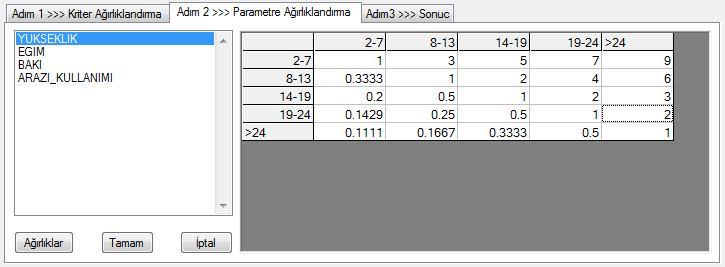 Jeoloji için alt kriter ağırlıkları.