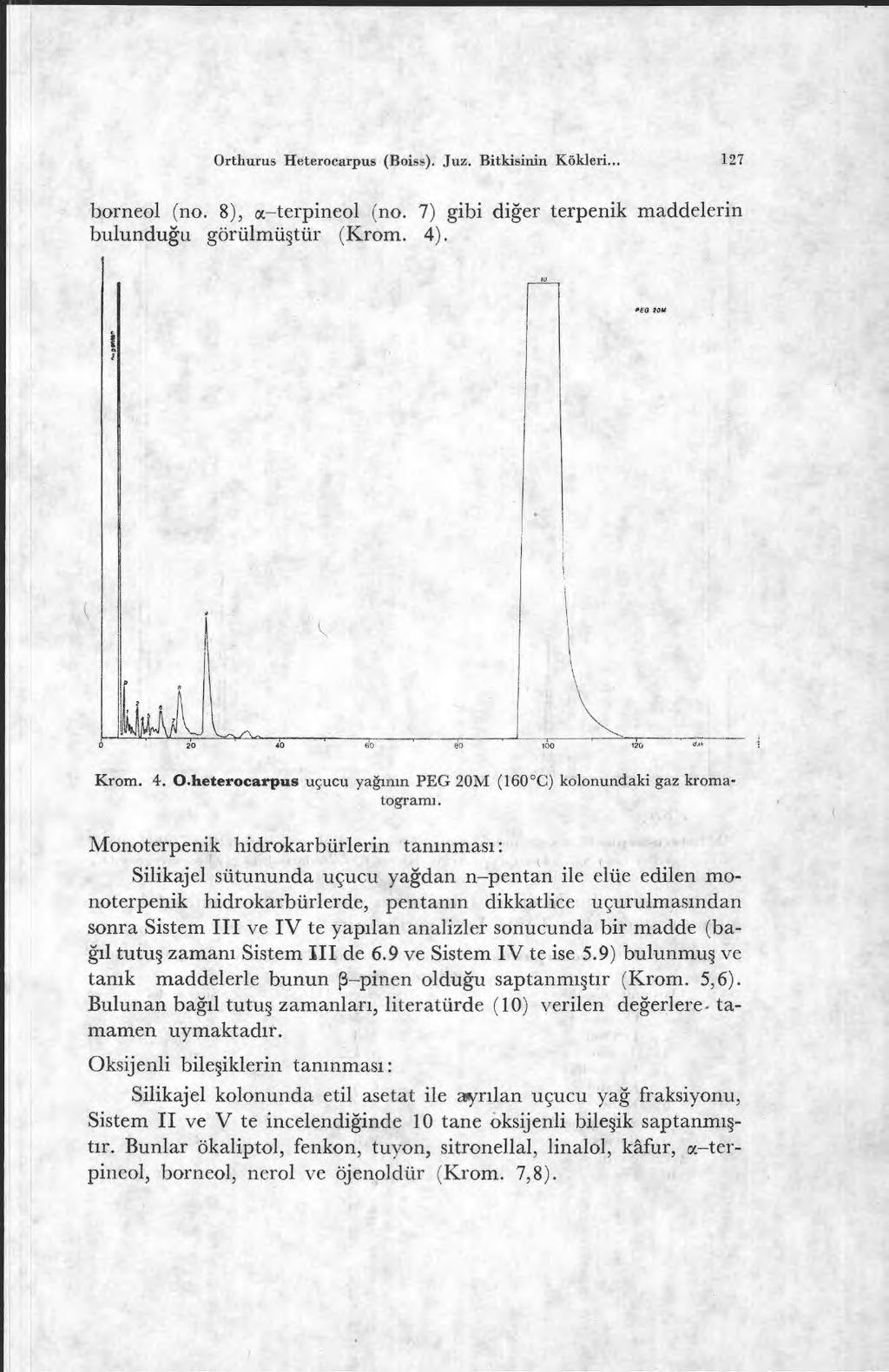 Orthurus Heterocarpus (Boiss). Tuz. Bitkisinin Kökleri... 127 borneol (no. 8), oc terpineol (no. 7) gibi di ğer terpenik maddelerin bulunduğu görülmüştür (Krom. 4). Krom. 4. O.