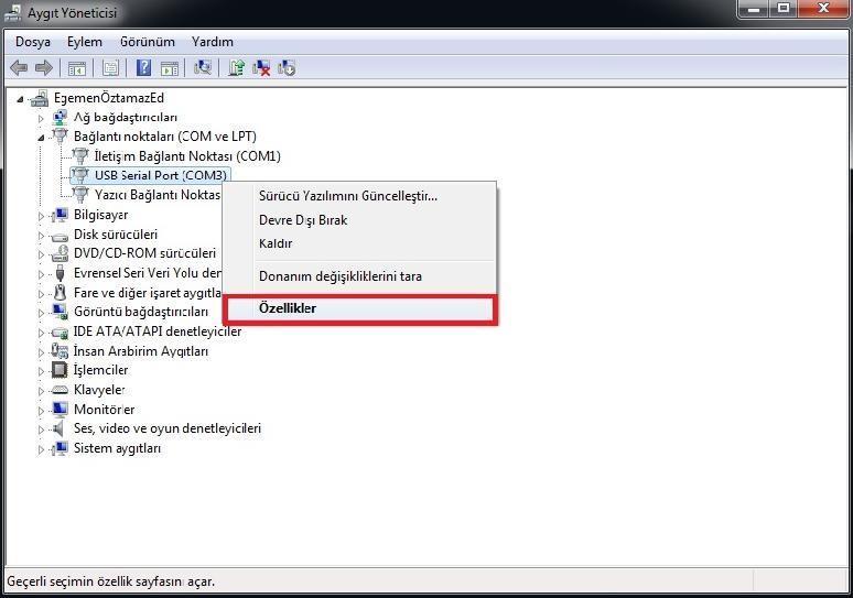 Bu bağlantı Aygıt Yöneticisi nde COM1 olarak