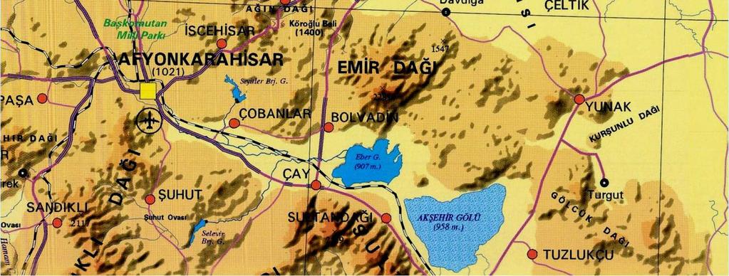 Emir Dağları Orta Anadolu'da (Eber-Akşehir Gölleri kuzeyinde) plato özelliği kazanmaktadır.