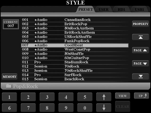 Şarkı/Tarz yollarını belleğe alma Şarkılar ve Tarzlar için Dosya Seçimi ekranı belirli bir Şarkı/Tarz yolunu panel düğmelerinden birinde belleğe almanızı sağlar.