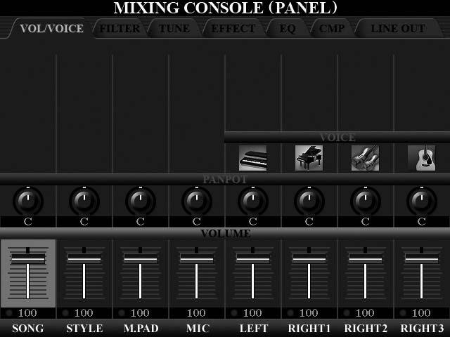 9 Miks Konsolu Ses Düzeyini ve Ses Dengesini Düzenleme Miks Konsolu, klavye bölümlerinin yanı sıra, ses dengesi ve seslerin tınısı gibi Tarz/MIDI Şarkı kanallarının yönleri üzerinde sezgisel bir